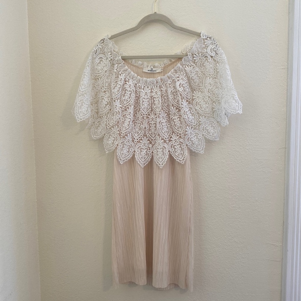 Lace off the shoulder white and tan dress